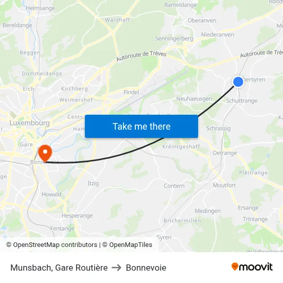 Munsbach, Gare Routière to Bonnevoie map
