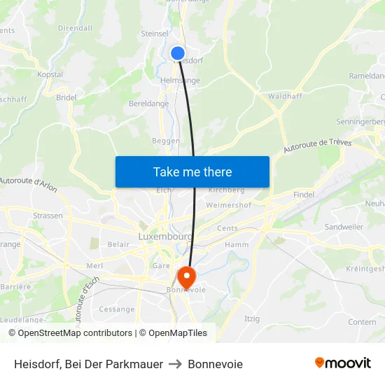 Heisdorf, Bei Der Parkmauer to Bonnevoie map