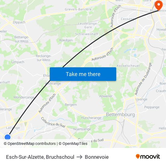 Esch-Sur-Alzette, Bruchschoul to Bonnevoie map