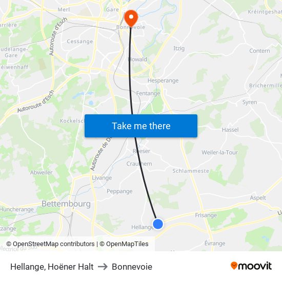 Hellange, Hoëner Halt to Bonnevoie map