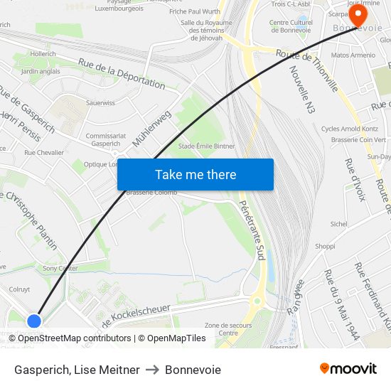 Gasperich, Lise Meitner to Bonnevoie map