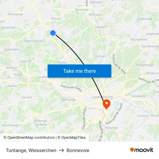 Tuntange, Weisserchen to Bonnevoie map