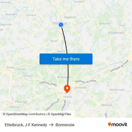 Ettelbruck, J-F Kennedy to Bonnevoie map