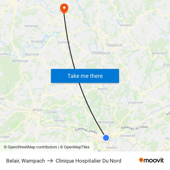 Belair, Wampach to Clinique Hospitalier Du Nord map