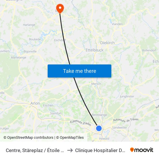 Centre, Stäreplaz / Étoile (Tram) to Clinique Hospitalier Du Nord map