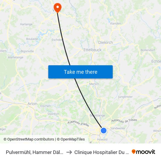 Pulvermühl, Hammer Dällchen to Clinique Hospitalier Du Nord map