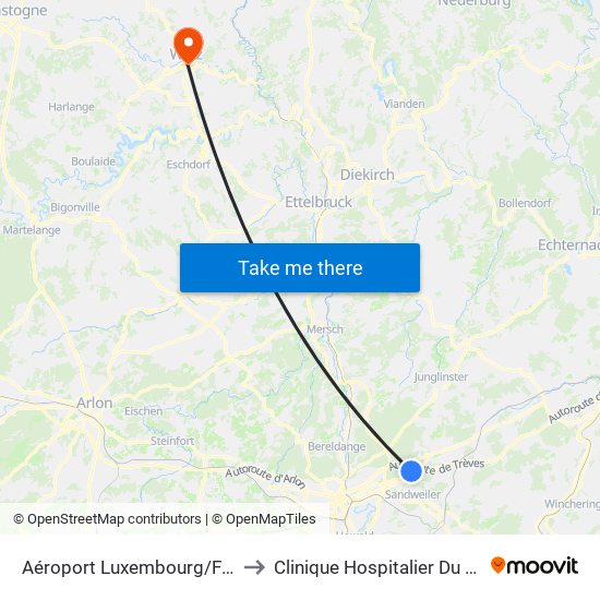 Aéroport Luxembourg/Findel to Clinique Hospitalier Du Nord map