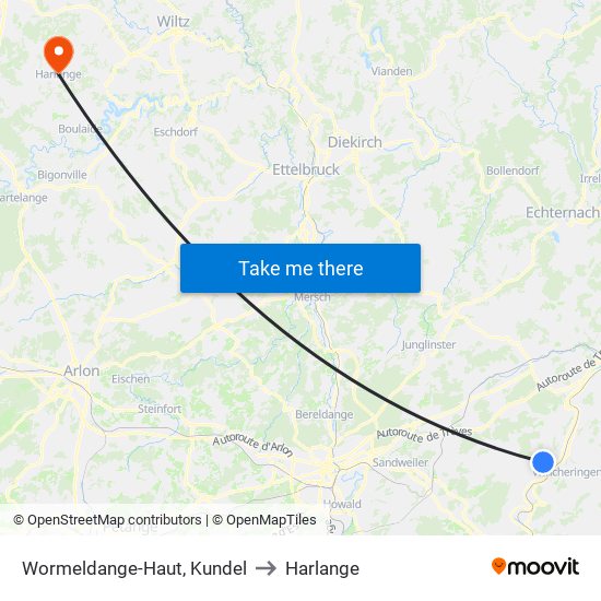 Wormeldange-Haut, Kundel to Harlange map