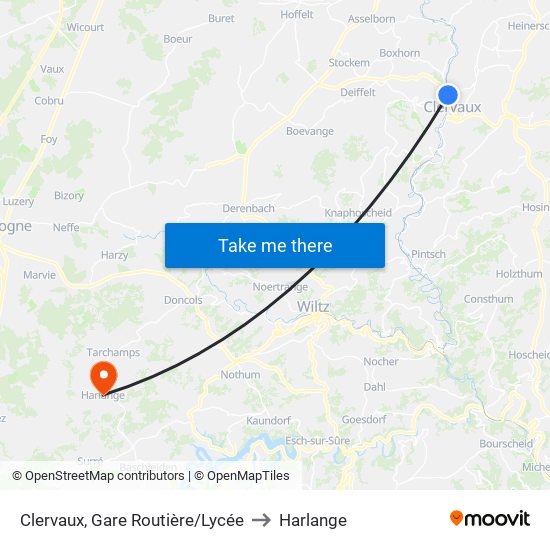 Clervaux, Gare Routière/Lycée to Harlange map