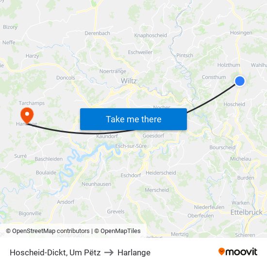 Hoscheid-Dickt, Um Pëtz to Harlange map