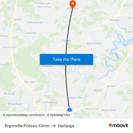 Bigonville-Poteau, Kimm to Harlange map