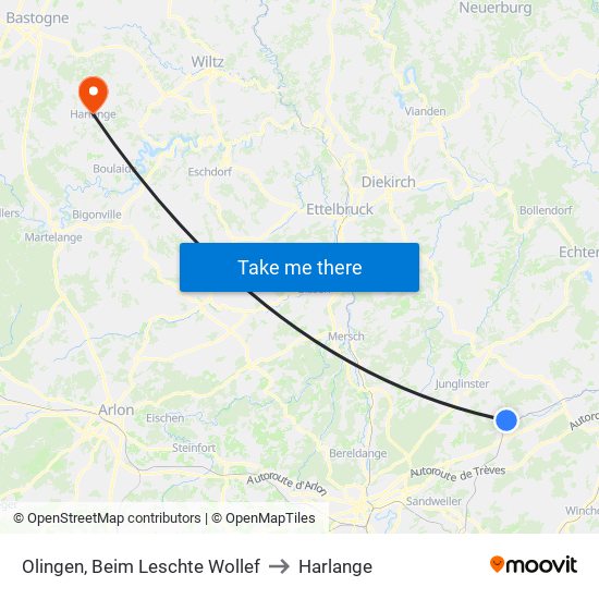 Olingen, Beim Leschte Wollef to Harlange map