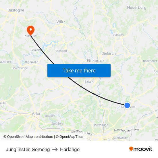 Junglinster, Gemeng to Harlange map