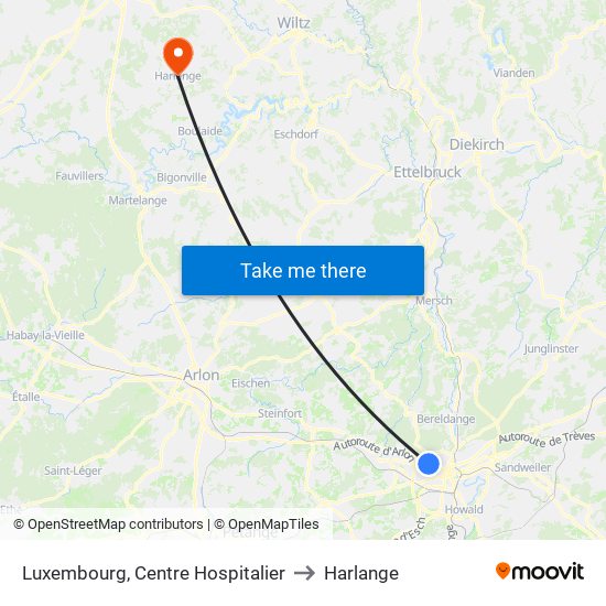 Luxembourg, Centre Hospitalier to Harlange map