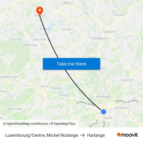 Luxembourg/Centre, Michel Rodange to Harlange map