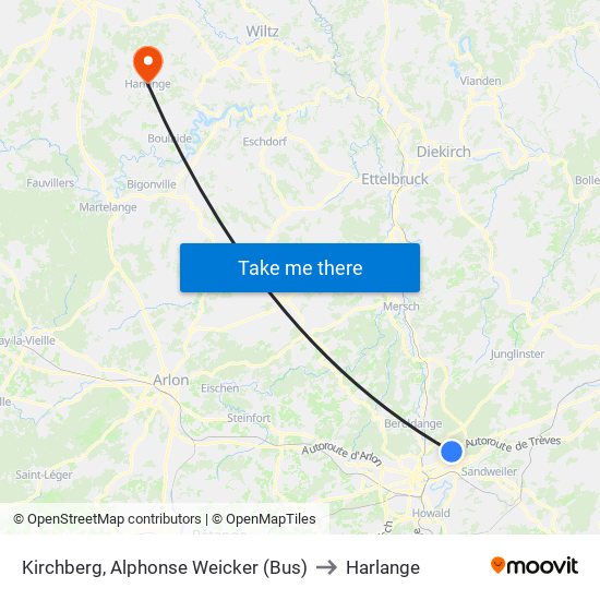 Kirchberg, Alphonse Weicker (Bus) to Harlange map