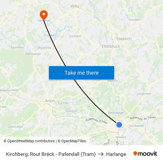 Kirchberg, Rout Bréck - Pafendall (Tram) to Harlange map