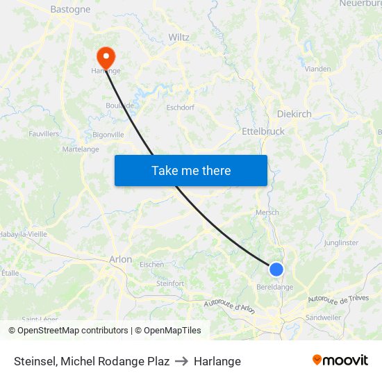 Steinsel, Michel Rodange Plaz to Harlange map