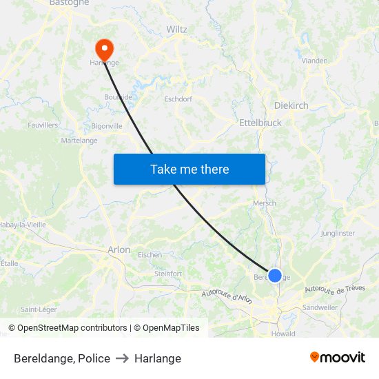 Bereldange, Police to Harlange map