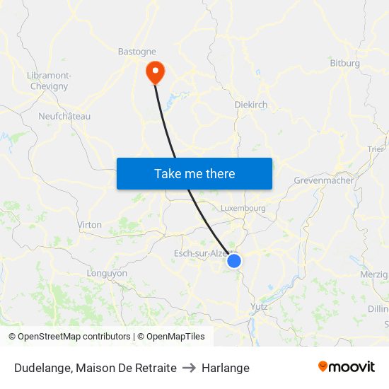 Dudelange, Maison De Retraite to Harlange map