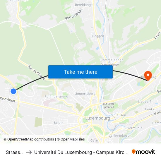 Strassen to Université Du Luxembourg - Campus Kirchberg map