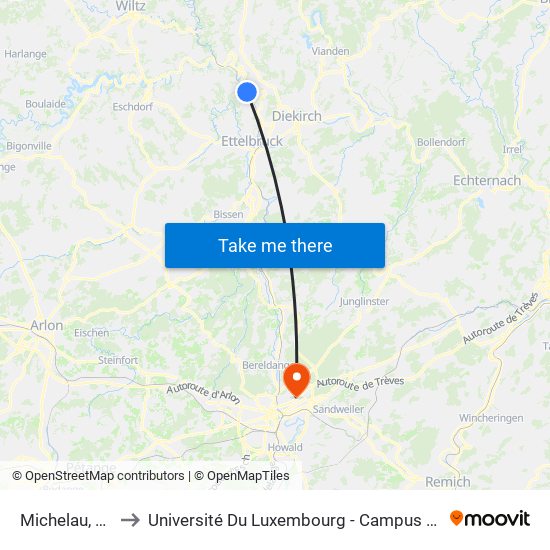 Michelau, Gare to Université Du Luxembourg - Campus Kirchberg map