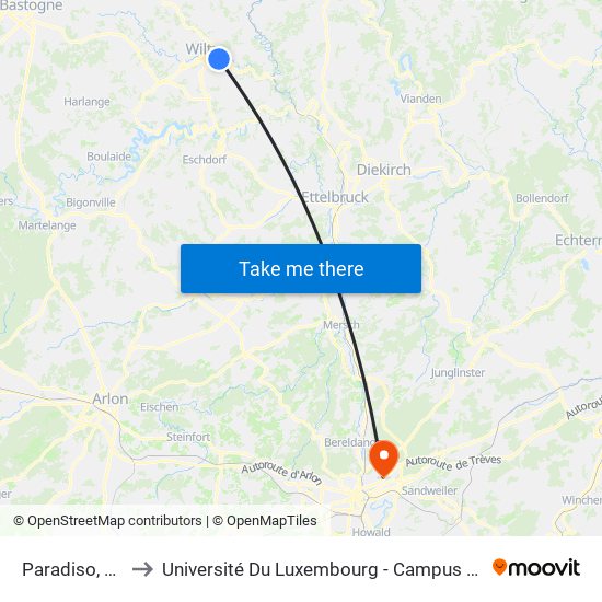 Paradiso, Gare to Université Du Luxembourg - Campus Kirchberg map