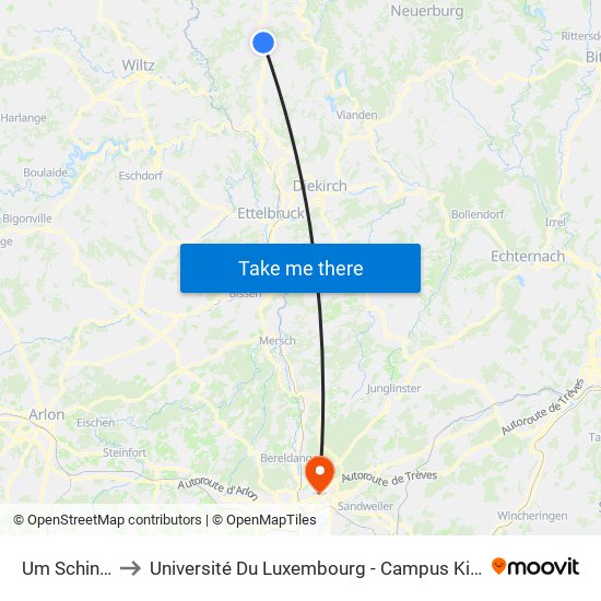 Um Schinker to Université Du Luxembourg - Campus Kirchberg map