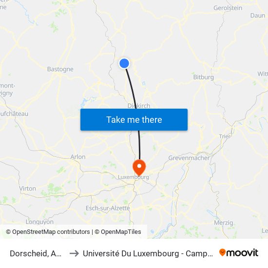 Dorscheid, AM Poul to Université Du Luxembourg - Campus Kirchberg map