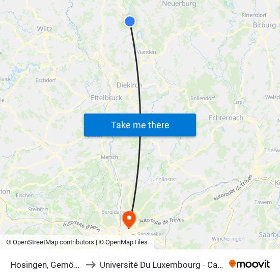 Hosingen, Gemönnerbréck to Université Du Luxembourg - Campus Kirchberg map