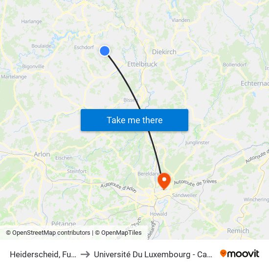 Heiderscheid, Fuussekaul to Université Du Luxembourg - Campus Kirchberg map