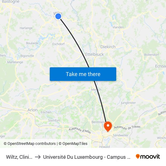 Wiltz, Clinique to Université Du Luxembourg - Campus Kirchberg map