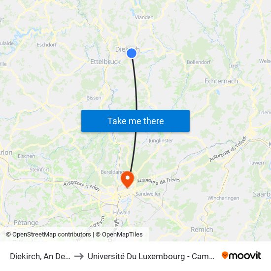 Diekirch, An Der Kléck to Université Du Luxembourg - Campus Kirchberg map