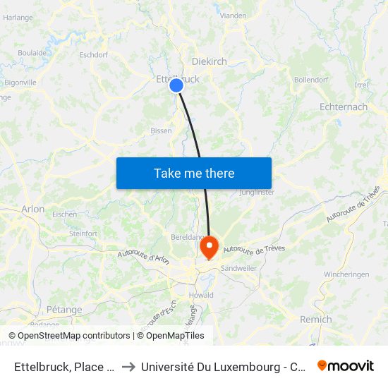 Ettelbruck, Place Du Marché to Université Du Luxembourg - Campus Kirchberg map