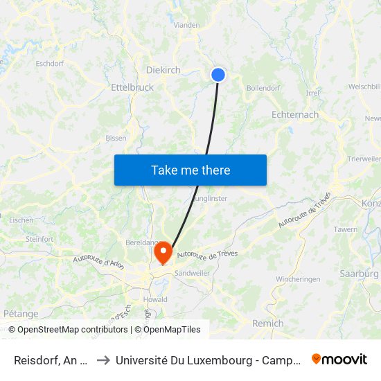 Reisdorf, An Der Ee to Université Du Luxembourg - Campus Kirchberg map