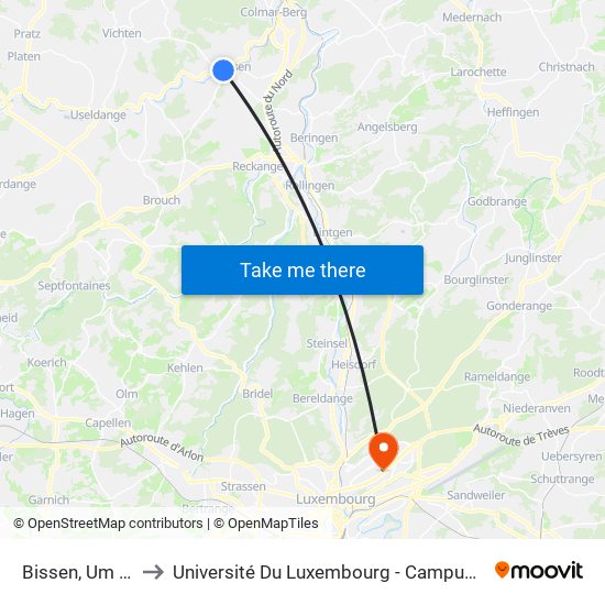 Bissen, Um Sand to Université Du Luxembourg - Campus Kirchberg map