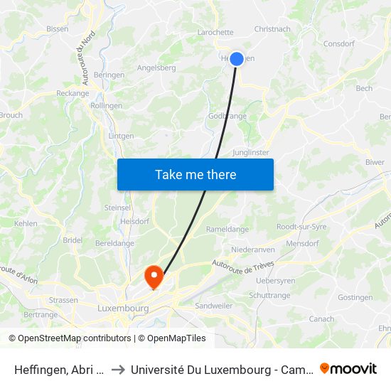 Heffingen, Abri (Centre) to Université Du Luxembourg - Campus Kirchberg map