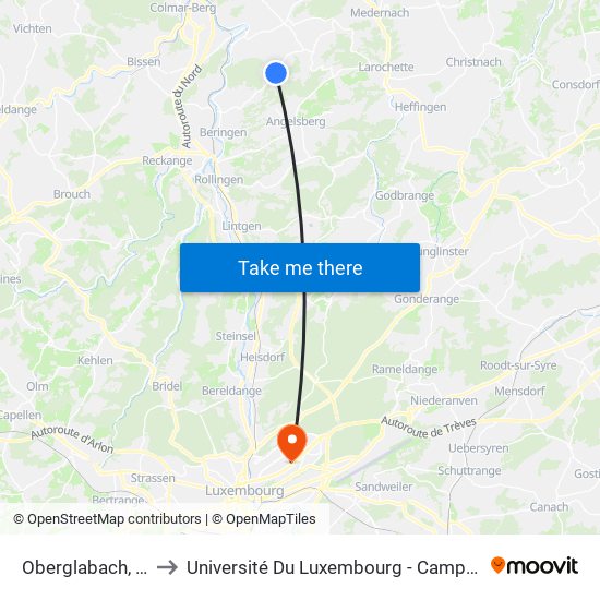 Oberglabach, Kapell to Université Du Luxembourg - Campus Kirchberg map