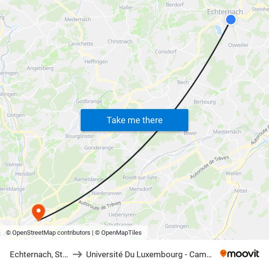 Echternach, Ste Croix to Université Du Luxembourg - Campus Kirchberg map