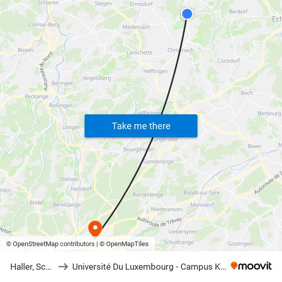 Haller, Schoul to Université Du Luxembourg - Campus Kirchberg map