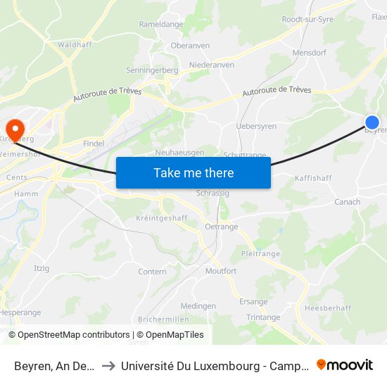 Beyren, An Der Fuert to Université Du Luxembourg - Campus Kirchberg map