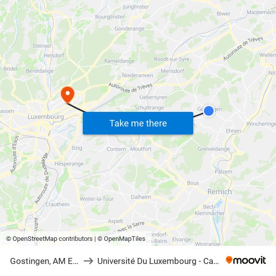 Gostingen, AM Ennerduerf to Université Du Luxembourg - Campus Kirchberg map