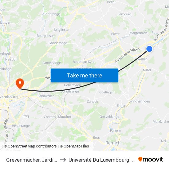 Grevenmacher, Jardin Des Papillons to Université Du Luxembourg - Campus Kirchberg map