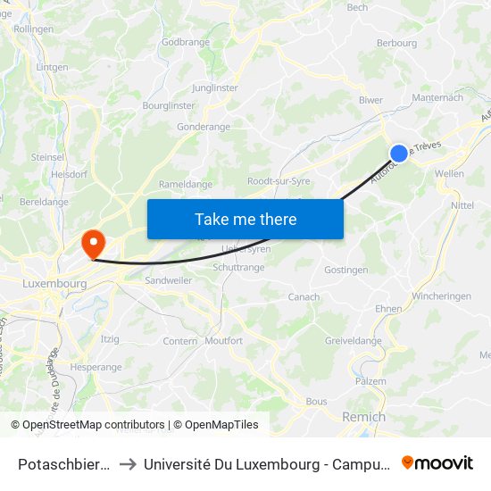 Potaschbierg, Z.I. to Université Du Luxembourg - Campus Kirchberg map