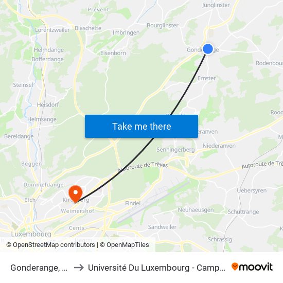 Gonderange, Schoul to Université Du Luxembourg - Campus Kirchberg map