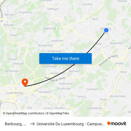 Berbourg, Kiirch to Université Du Luxembourg - Campus Kirchberg map