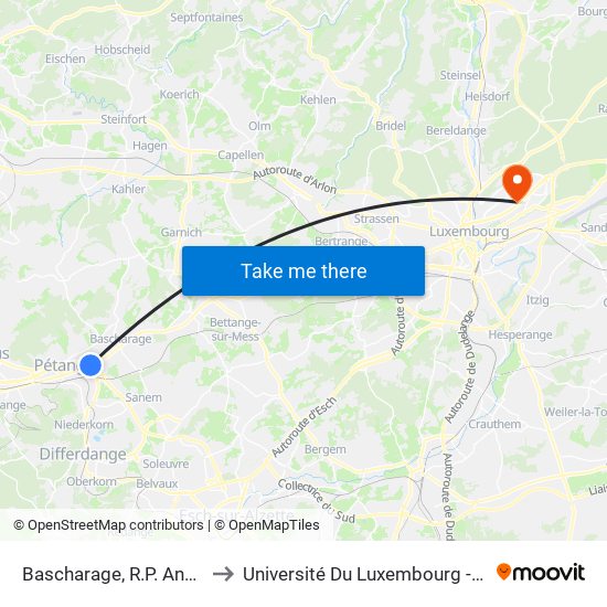 Bascharage, R.P. André Siebenbour to Université Du Luxembourg - Campus Kirchberg map