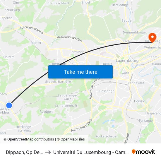 Dippach, Op Der Haard to Université Du Luxembourg - Campus Kirchberg map