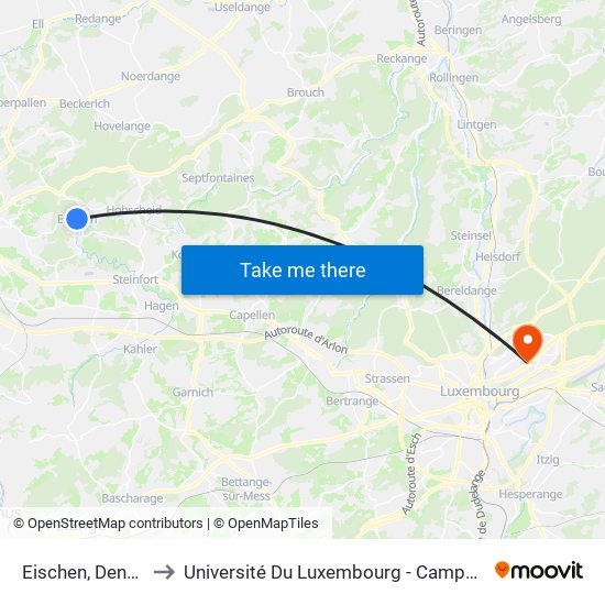 Eischen, Denn Pont to Université Du Luxembourg - Campus Kirchberg map