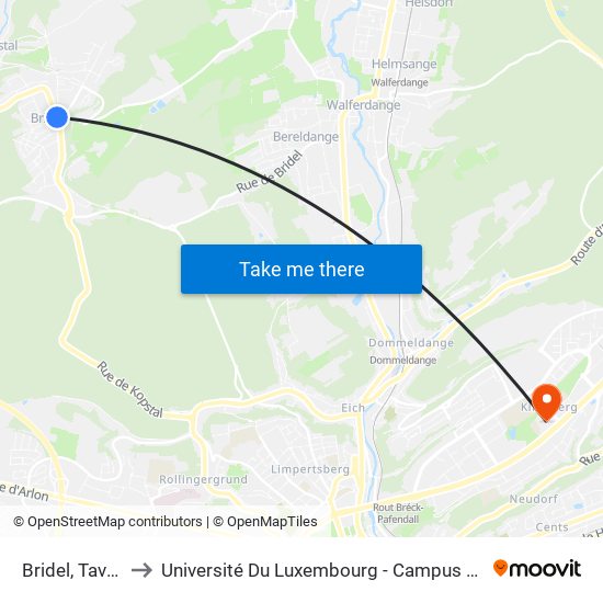 Bridel, Taverne to Université Du Luxembourg - Campus Kirchberg map